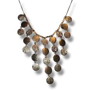 Signed V Gold Tone Disc Fringe Necklace Bib Statement Layered Adjustable 14-17"